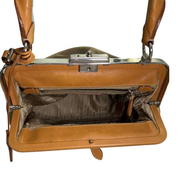 Prada Canapa Jacquard Canvas & Leather Frame Satchel Tote Bag Brown Tan Vintage - Picture 8 of 16